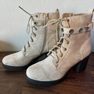 Koi Footwear Suede Beige Combat Boots Heeled Zip Up Buckles Size 6
